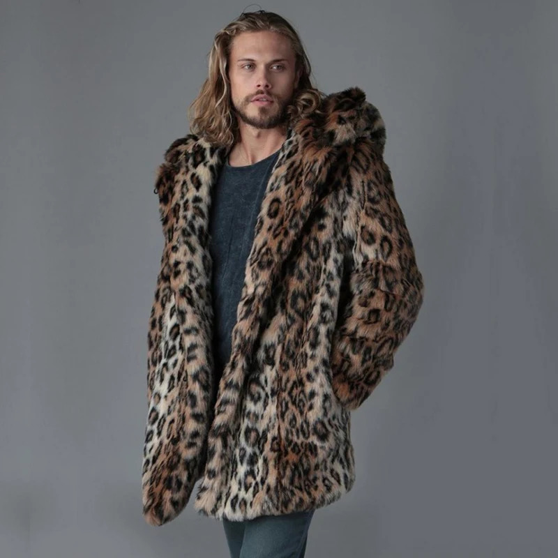 Plus Size Faux Fur Jacket For Men Winter Male Leopard Fur Jacket Long Style Hooded Fur Overcoat Warm Men Fur Outerwear leisure 250715