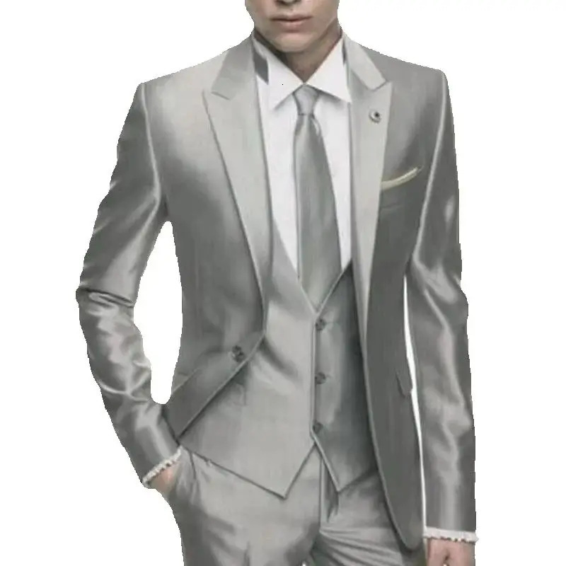 Silver Grey Satin Men Suit Slim Set Formal Wedding Skinny Stylish Male Blazer Party Custom Tuxedo 3 Piece Vestidos Suits for Men 250715