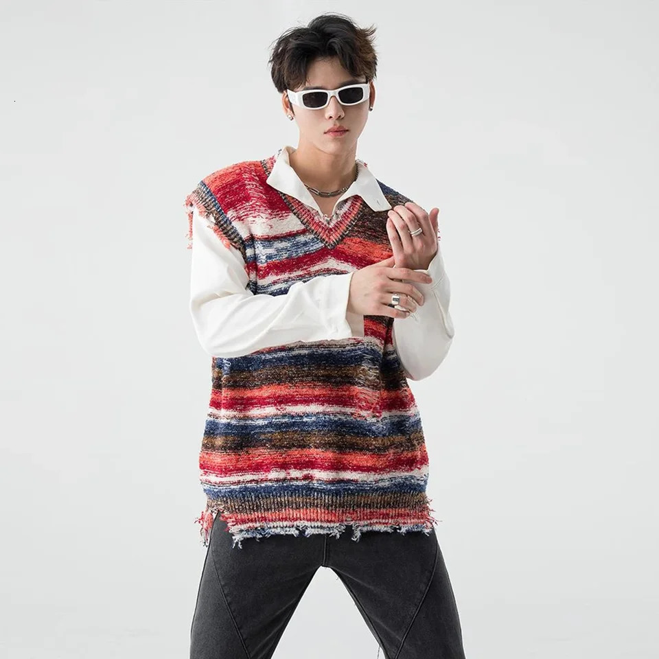 Harajuku Gradient Stripe Sleeveless Vest Y2K Washed Ripped Tie Dye V-Neck Tank Top Baggy Pullover Knitted Sweater 250716