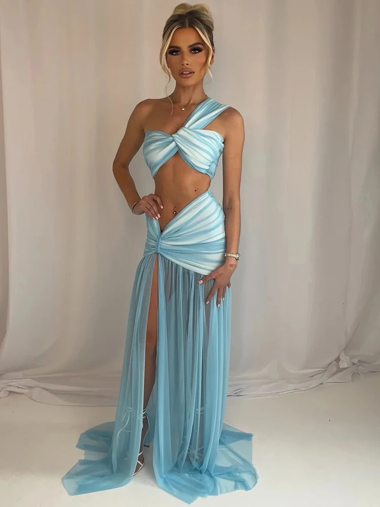 Mozision Summer Sexy Skirt Two Piece Sets Women One Shoulder Crop Top And Maxi Female Elegant Beach Club Party 2 Set 250717