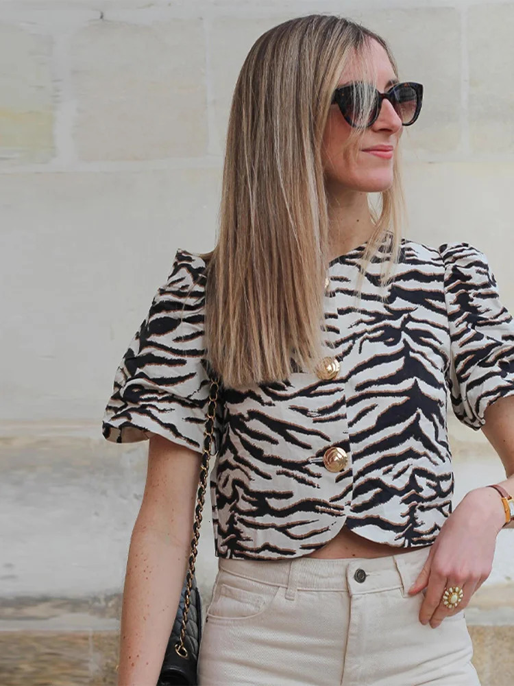 Zebra Stripes Mini Skirt Suits Women Puff Sleeve Single Breasted Shirts Hip Package Short Skirts 2 Pieces Sets Commute OL Outfit 250717