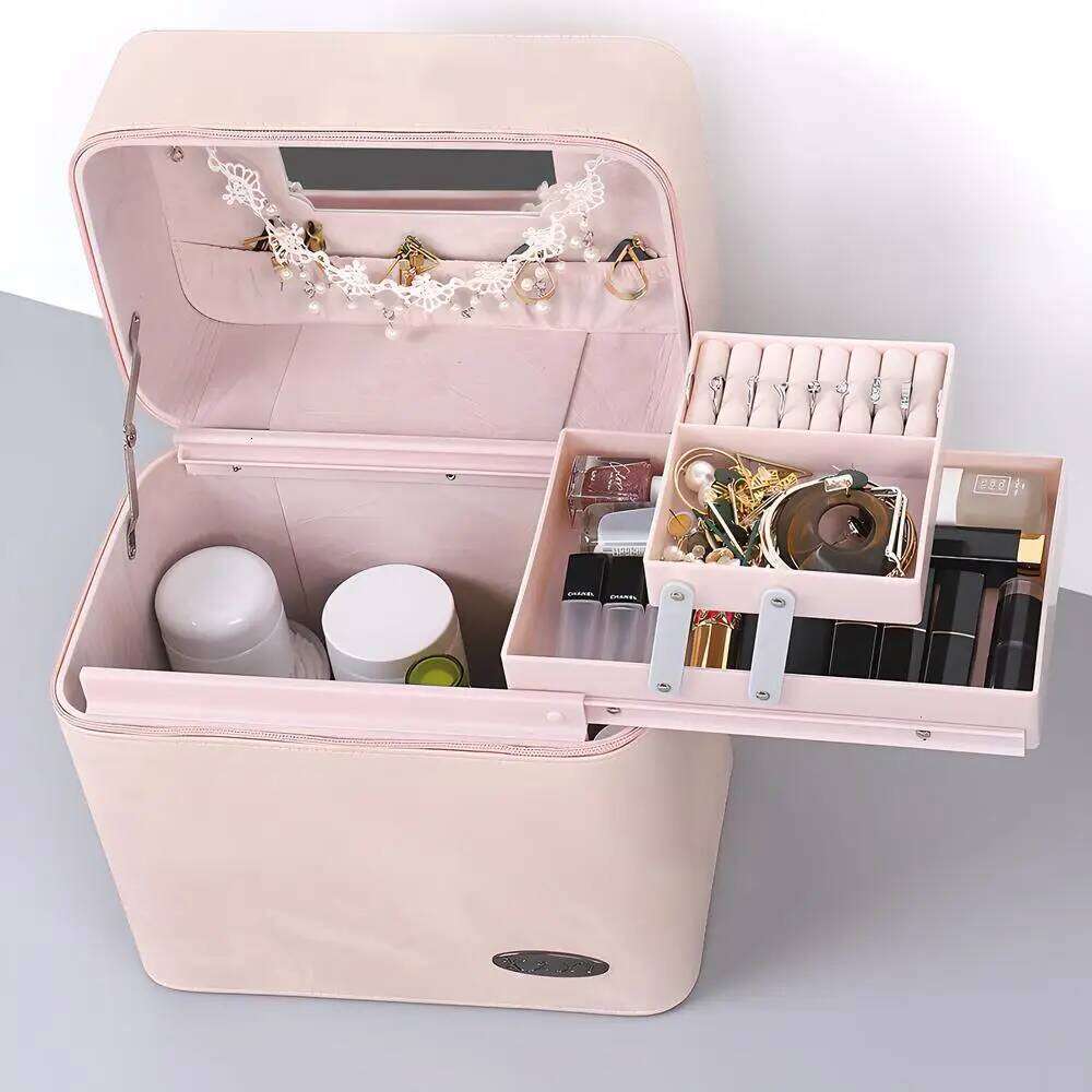 Large Capacity Cosmetic Pu Leather Waterproof Make-Up Case Lipstick Jewelry Organize Storage Multifunctional Box With Mirror