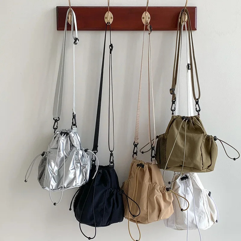 Summer Drawstring Bucket Bags Nylon Canvas Shoulder Crossbody Bags For Women Travel Shopper Handbags Lightweight Small Bags 250717