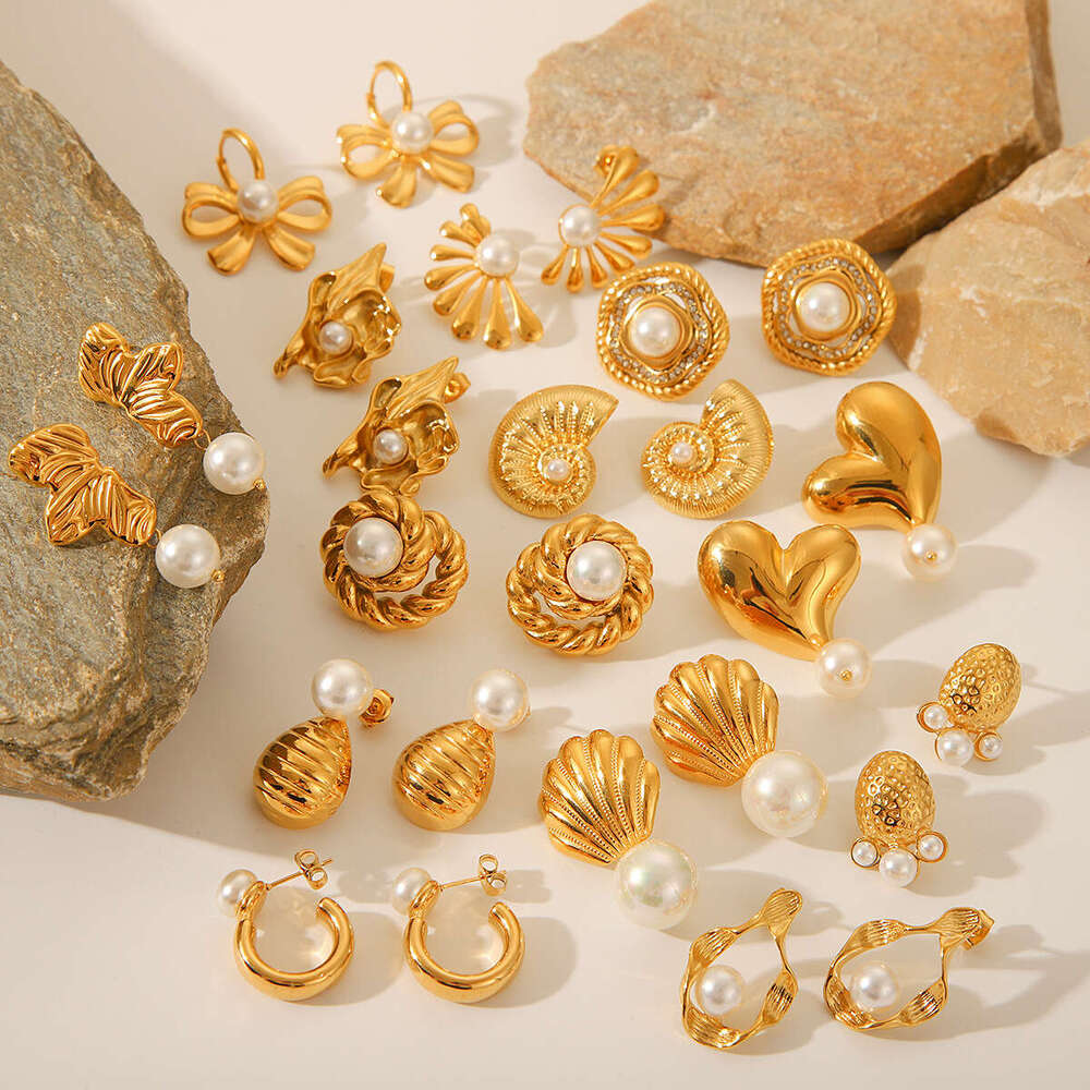 French INS Style Fashion High-End Pearl Gold Stainless for Women Light Titanium Steel Stud Earrings