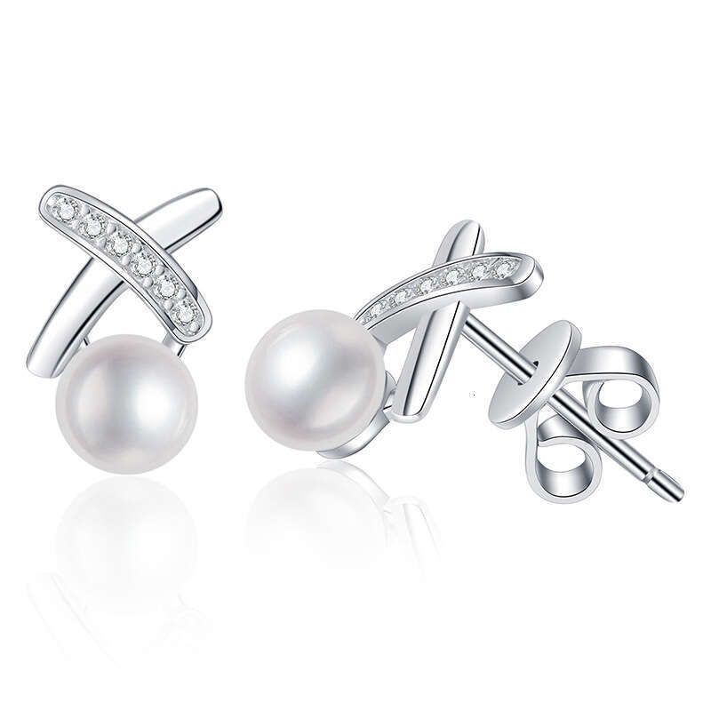 S Pure Sier Earrings Freshwater Pearl for Women Korean Style X-shaped D Color Moissanite Studs e9c