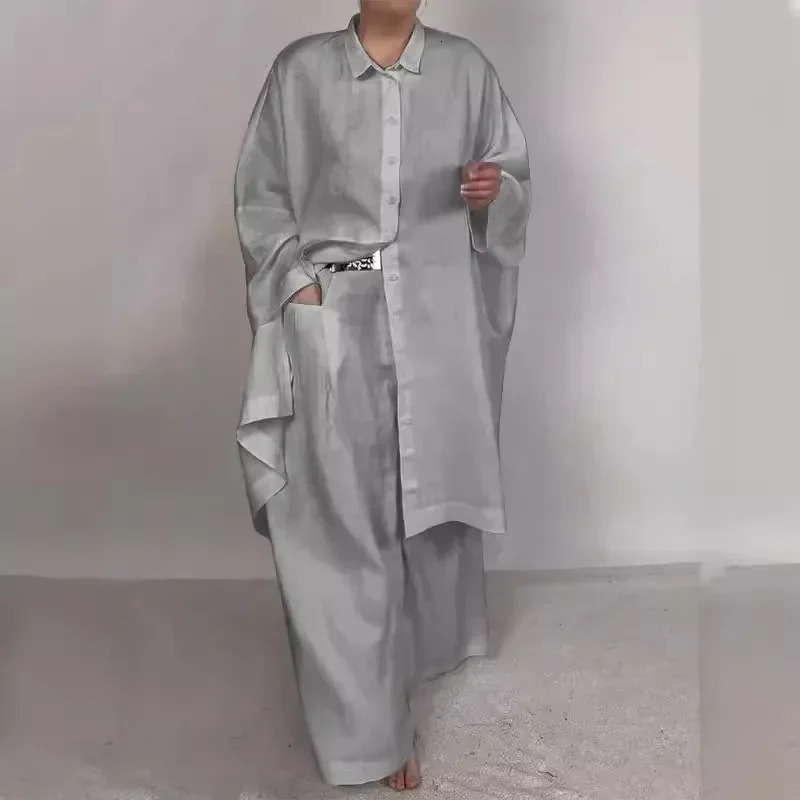 Women 2pcs Clothes Set Loose Solid Color Long Shirt Wide Leg Pants Two-Piece Set Single Breasted 250715