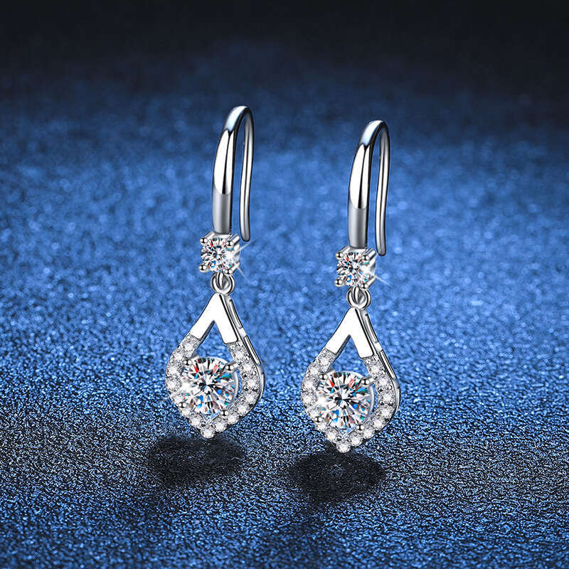 for Women with a Sense of Sophistication, Pure Sier Ear Hooks, Earrings, Water Drop Shape, 1 Carat Moissanite Dia Earrings 064