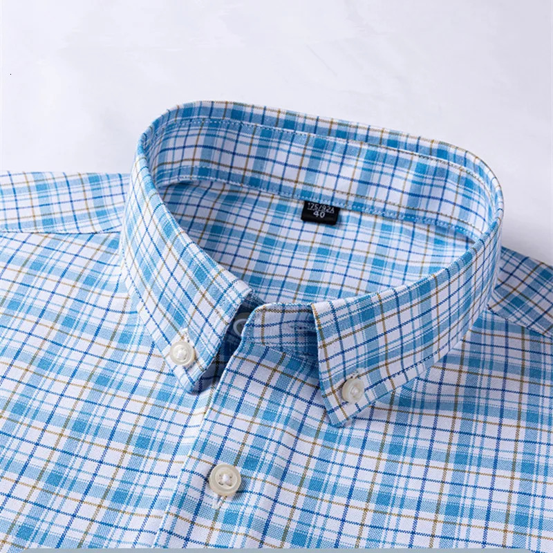 2025 Mens 100 Cotton Summer Stripe Shirts Short Sleeve Oxford Plaid Fashion Casual Slim Fit Comfortable High Quality Office 250717