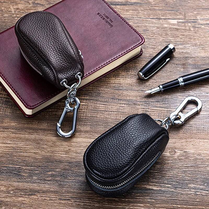 Cowhide Leather Key Case - Unisex Zipper Organizer for Car/Home Keys