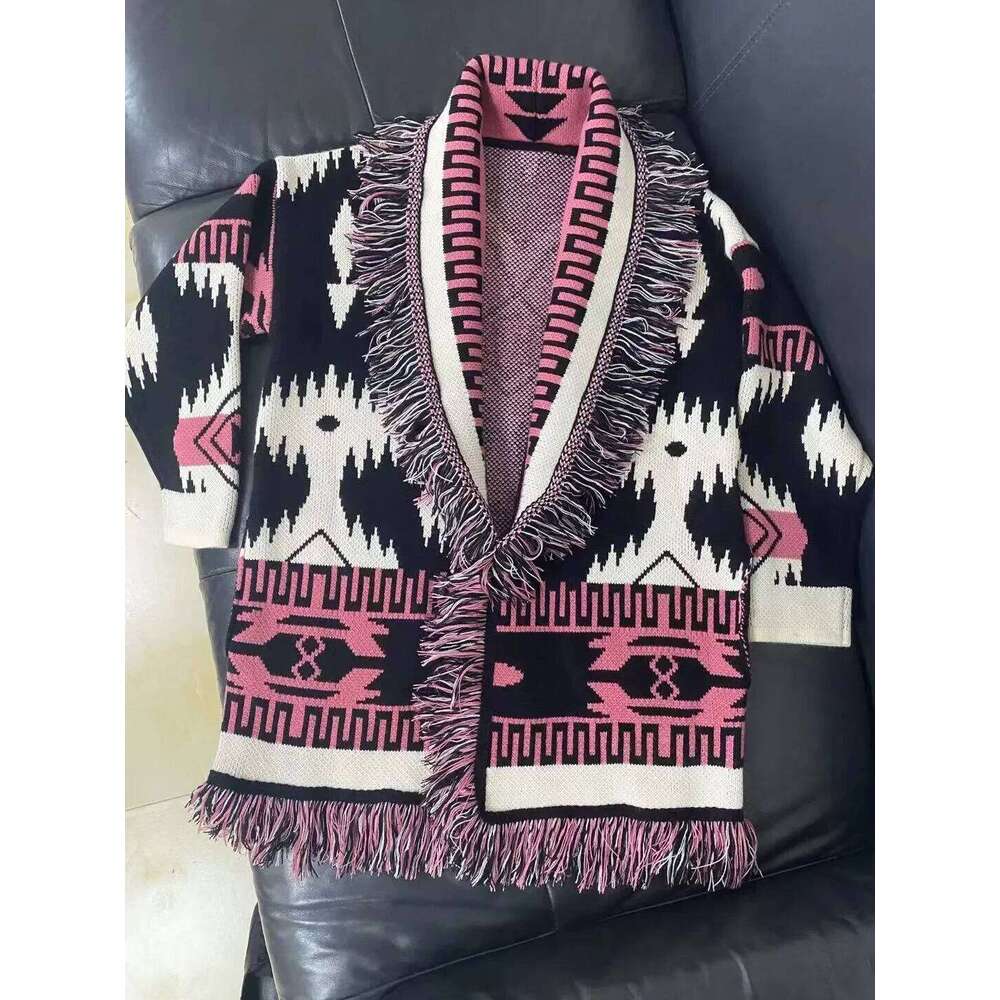 Designer Clothing Boho Inspired Cosmic Pattern Fringed Edge Cardigan Cashmere Warm Sweaters Belt Tied Winter Clothes Women Fashion