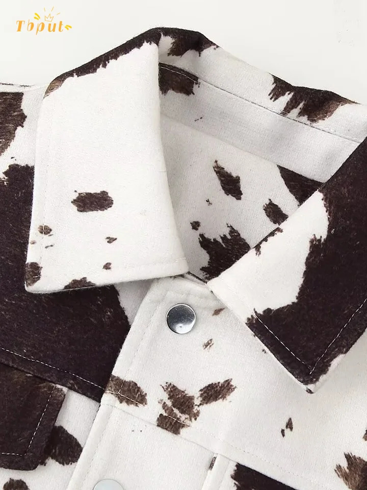 Casual Women Lapel Jacket Female Cow Print Long Sleeve Single Breasted Short Length Outerwear 2025 Autumn Commute Street Coat 250715