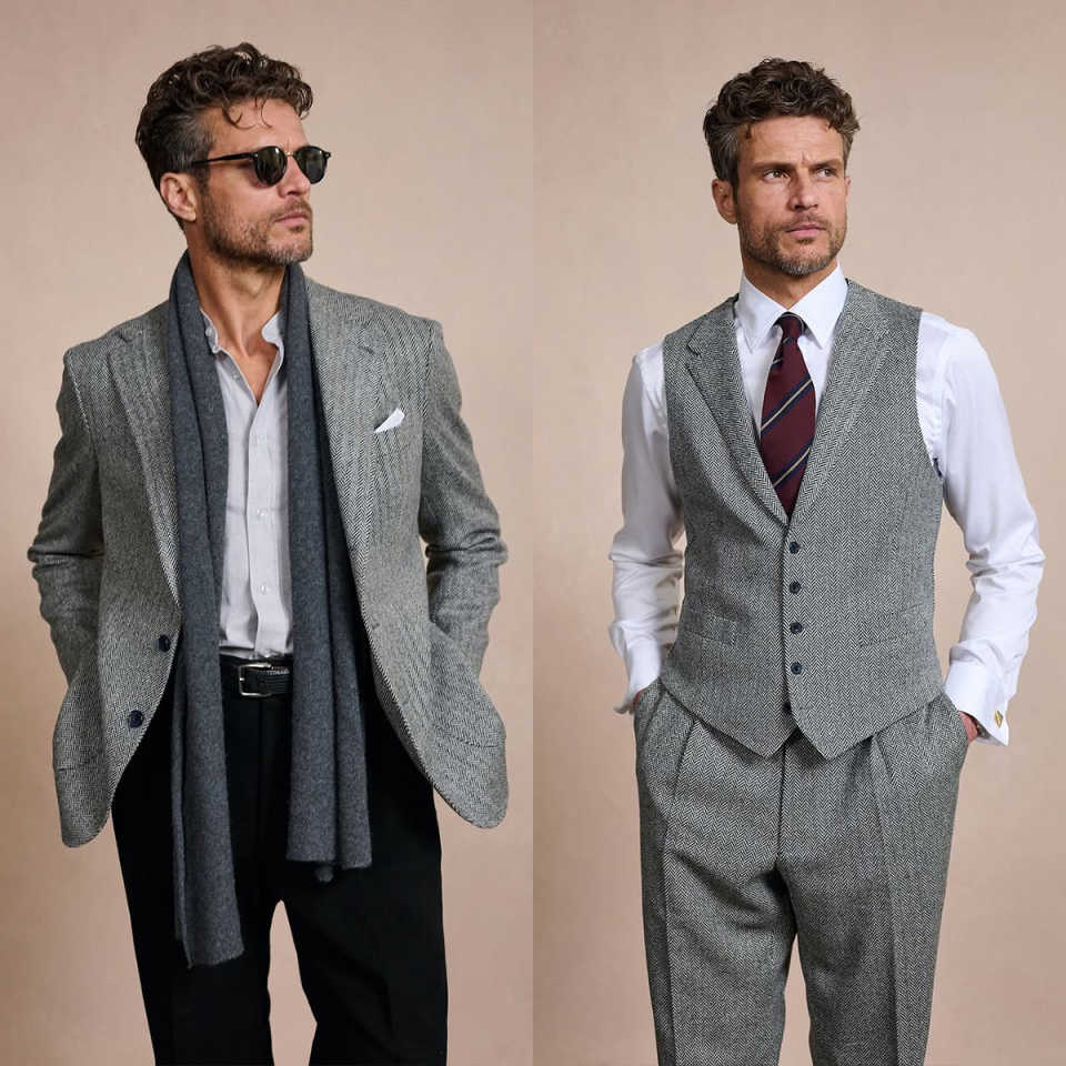 Classic Tweed Suits For Men Herringbone 3 Piece Blazer Vest Pants Formal Occasions Prom Wedding Clothing Customized