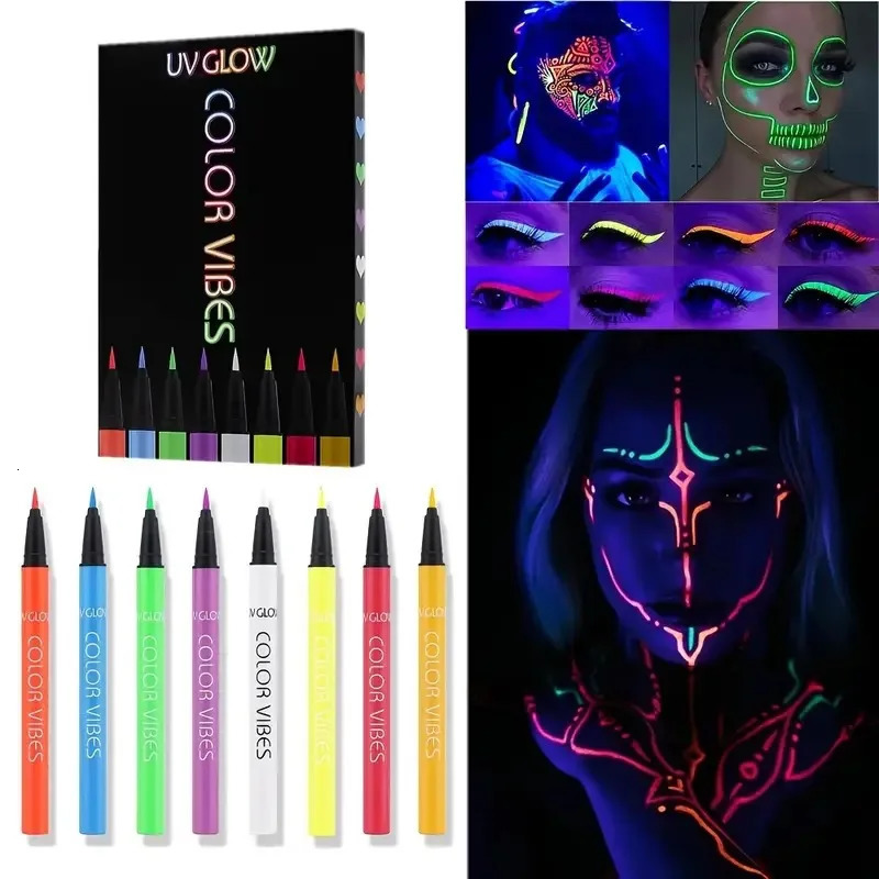 UV GLOW Vibrant 8pcs Fluorescent Eyeliner Pencil SetMatte Glow Waterproof Sweatproof Quick-Dry for Chrismas Haloween Party 250716