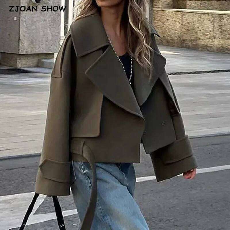Spring Notched Collar Safari Woolen Coat Retro Women Buckle Belt Hem Loose Full Sleeve Jacket Short Outerwear
