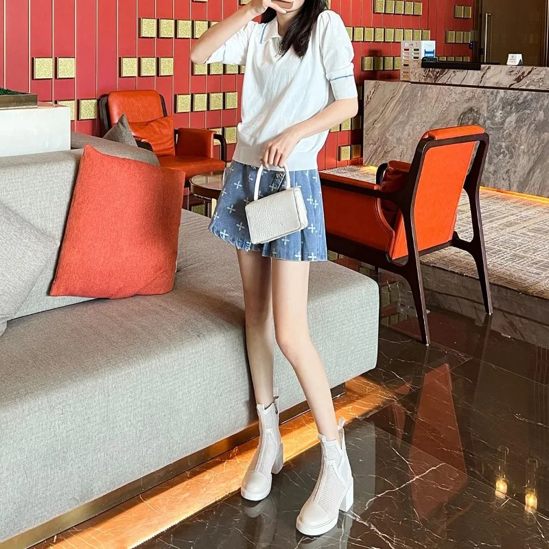 Summer White Hollow Womens Thick Heel High Heel Mesh Boots with Small Short Boots Breathable Thin Style 250714