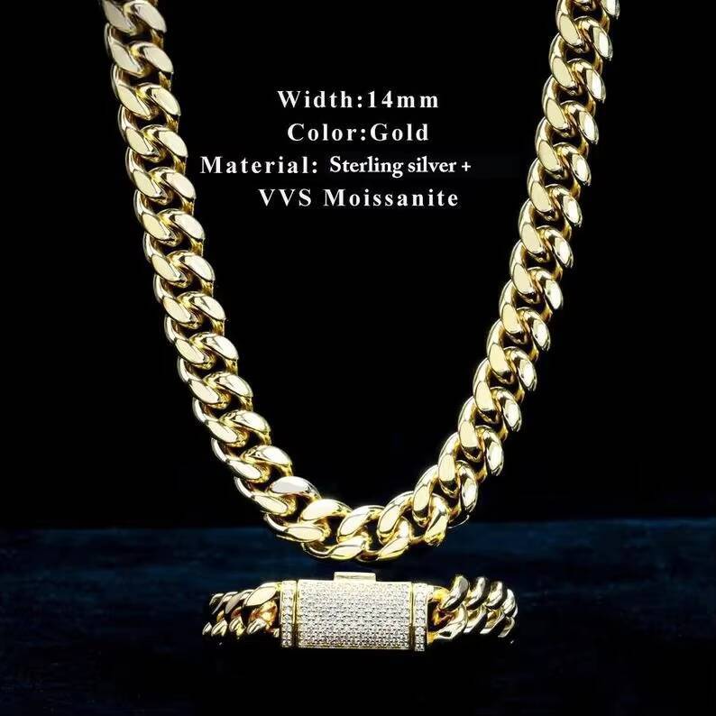 Master Rocks Hip Hop Necklace 925 Sterling Silver 12mm 14mm 18mm 14k Gold Plated VVS Moissanite Cuban Chain Necklace