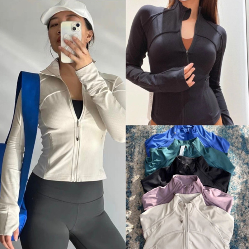 Women Ribbed Zipper Jackets Yoga Wear Long Sleeve Jacket Sports Top Casual Outfit 5 Colors