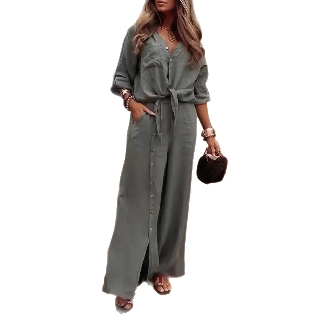 2025 Fashion Casual Irregular Two-piece Sets Loose Short-sleeved Mid-sleeve Shirt Blouse Button-down Wide-leg Pants Suits 250715