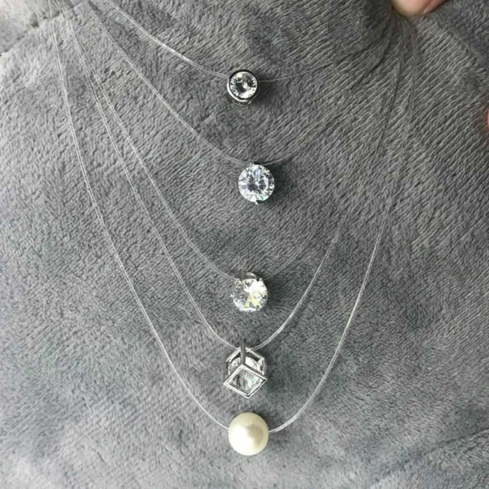 SUMENG New Personality Fashion Square Imitation Pearl Crystal Zircon Necklace Invisible Transparent Fishing Line W250718