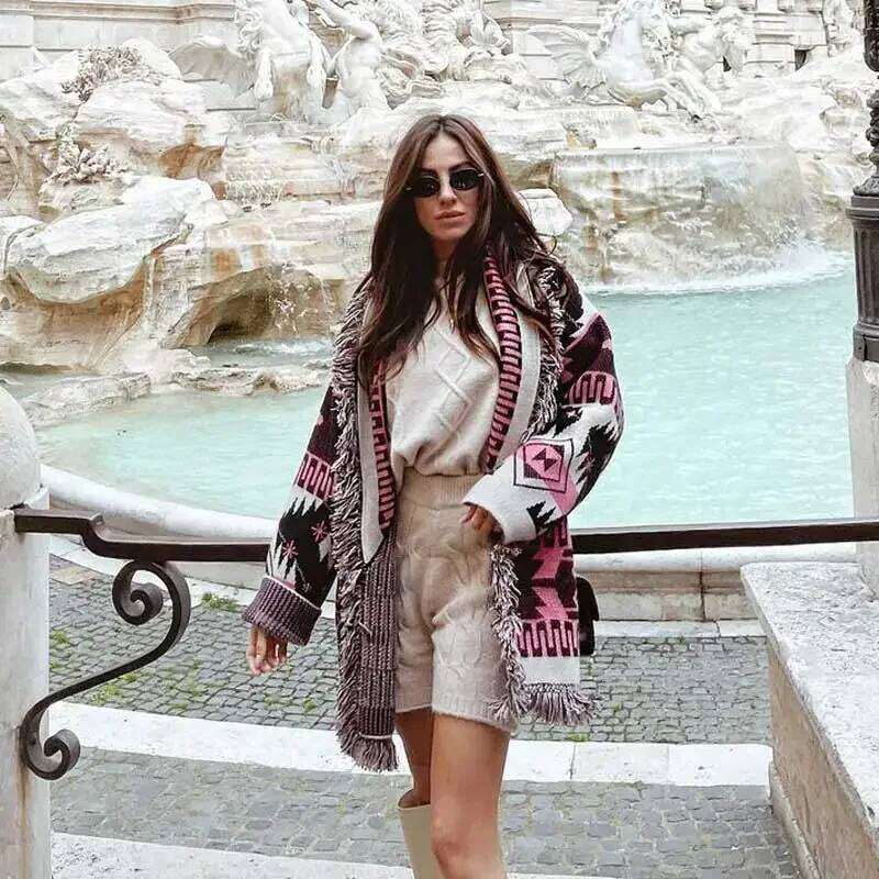 Designer Clothing Boho Inspired Cosmic Pattern Fringed Edge Cardigan Cashmere Warm Sweaters Belt Tied Winter Clothes Women Fashion