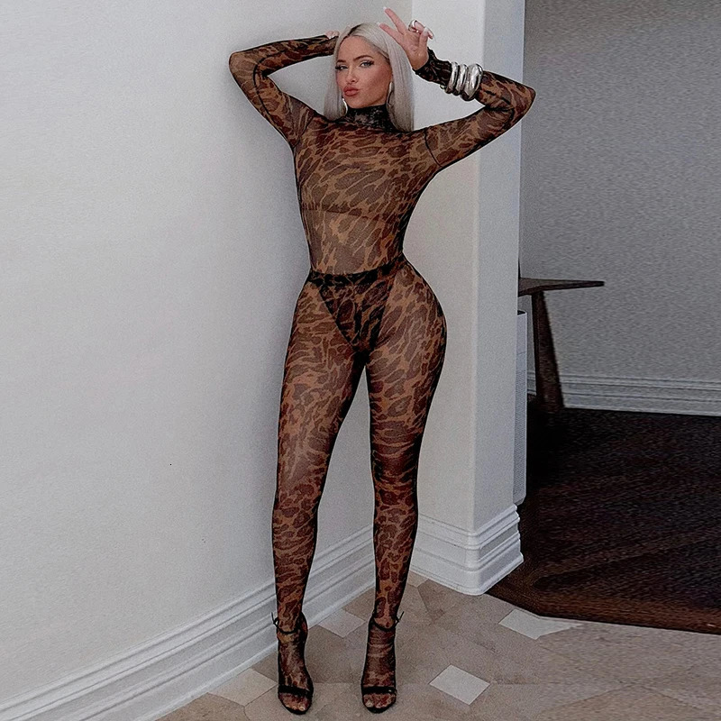 CUTENOVA Women Leopard Print Mesh SeeThrough Set High Neck Long Sleeve BodysuitSkinny Stocking Pants Causal Streetwear 250714
