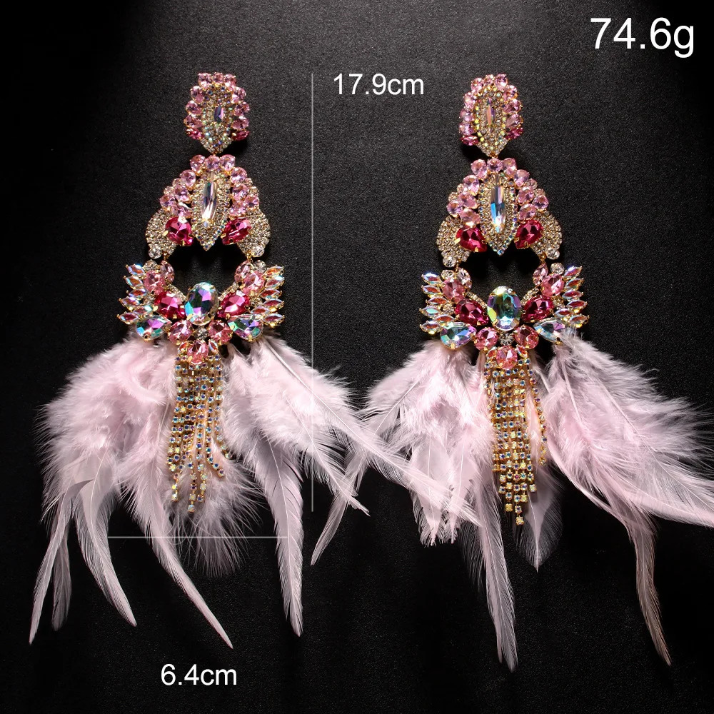 Pink Feather Exaggerate Earrings Tassel Pendant Wedding for Women Boho Jewelry Sparkly Large Rhinestone Earrings 250716