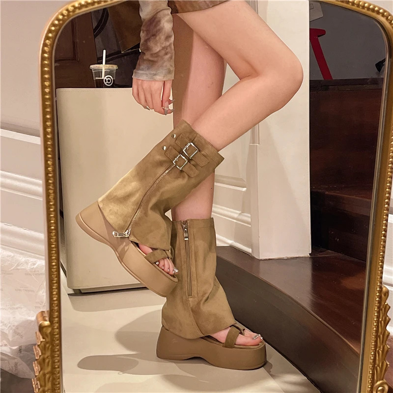 Womens Platform Sandals Two-in-one Toe-separated Thick-soled Roman Trouser Boots Belt Waterproof Platform High Heels 250714