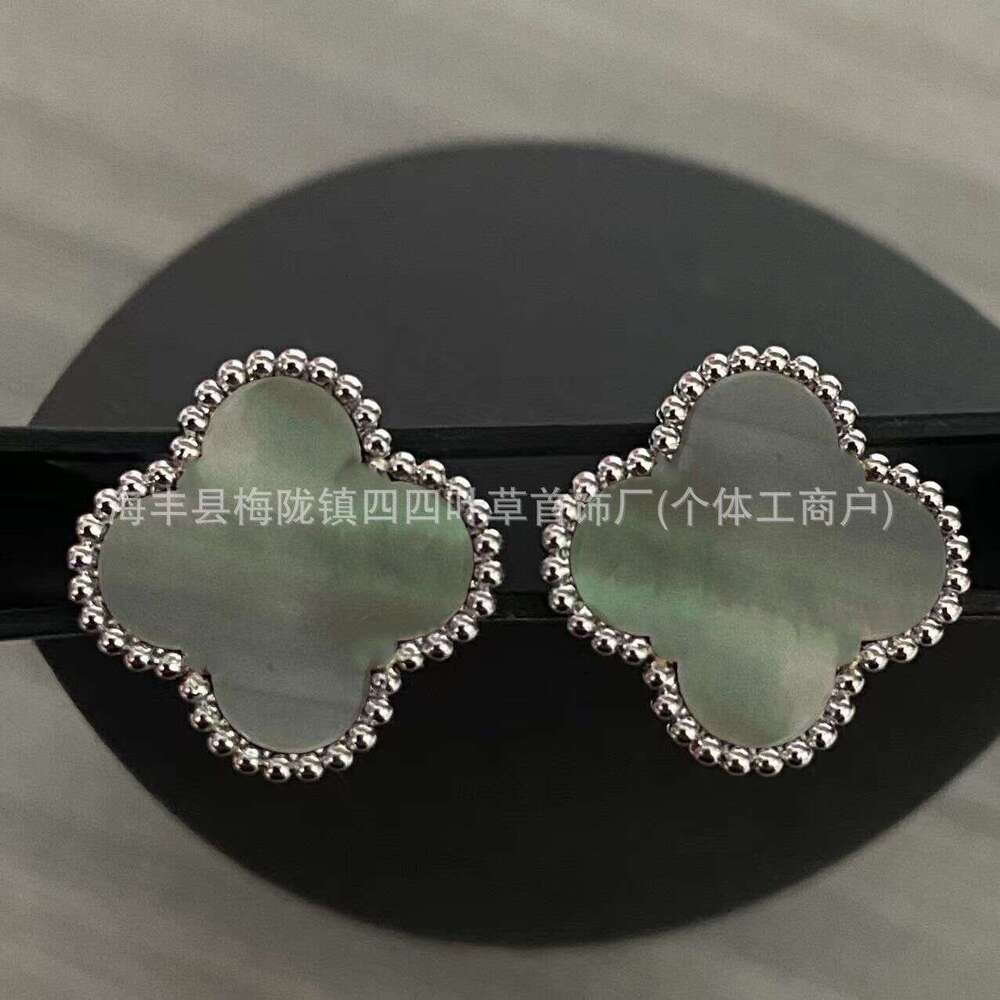 New for Women Gold High Version Pure Sier Lucky Clover White Mother-of-Pearl Non-Fading Mimi Earrings
