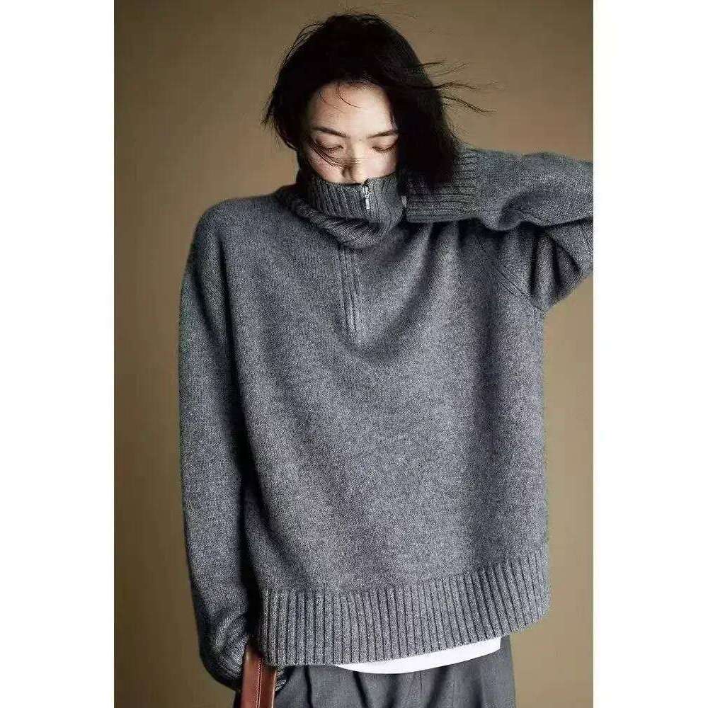 Loose Casual Sweater Women Lapel Zipper Autumn Winter Jumpers Knitwear Soft Warm Tops Femme Comfortable Pullover Turtleneck 2024 MDNG