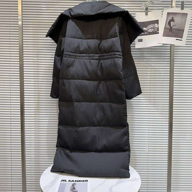 Winter Big Turn Collar Long Drawstring Striped Thick Knee Length Overcoat Warm White Duck Down Jacket Women MDNG