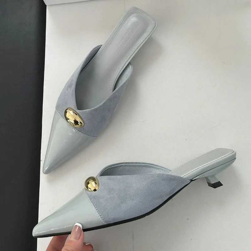 Metal Buckle Pointed Toe Mules Elegant Low Heel Slippers Fem Brand Designer Sandals for Women Pumps Y250716