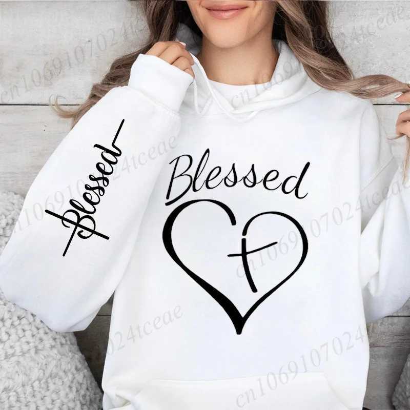 Hoodie for Women Blessed and Heart Letters Warm Fleece Woman Hoody Sweatshirts Blessed Cross Autumn Hoodies Y2K Casual Tops Z250719