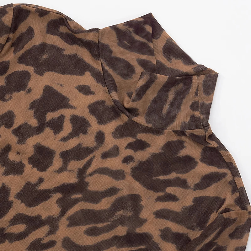 CUTENOVA Women Leopard Print Mesh SeeThrough Set High Neck Long Sleeve BodysuitSkinny Stocking Pants Causal Streetwear 250714