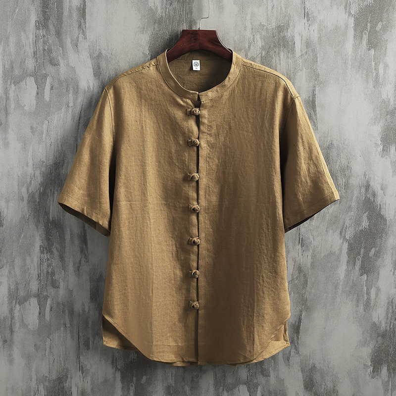100% Pure Linen Style Mandarin Collar Short Sleeve for Men Summer New Chinese Tang Suit Zhongshan Shirt