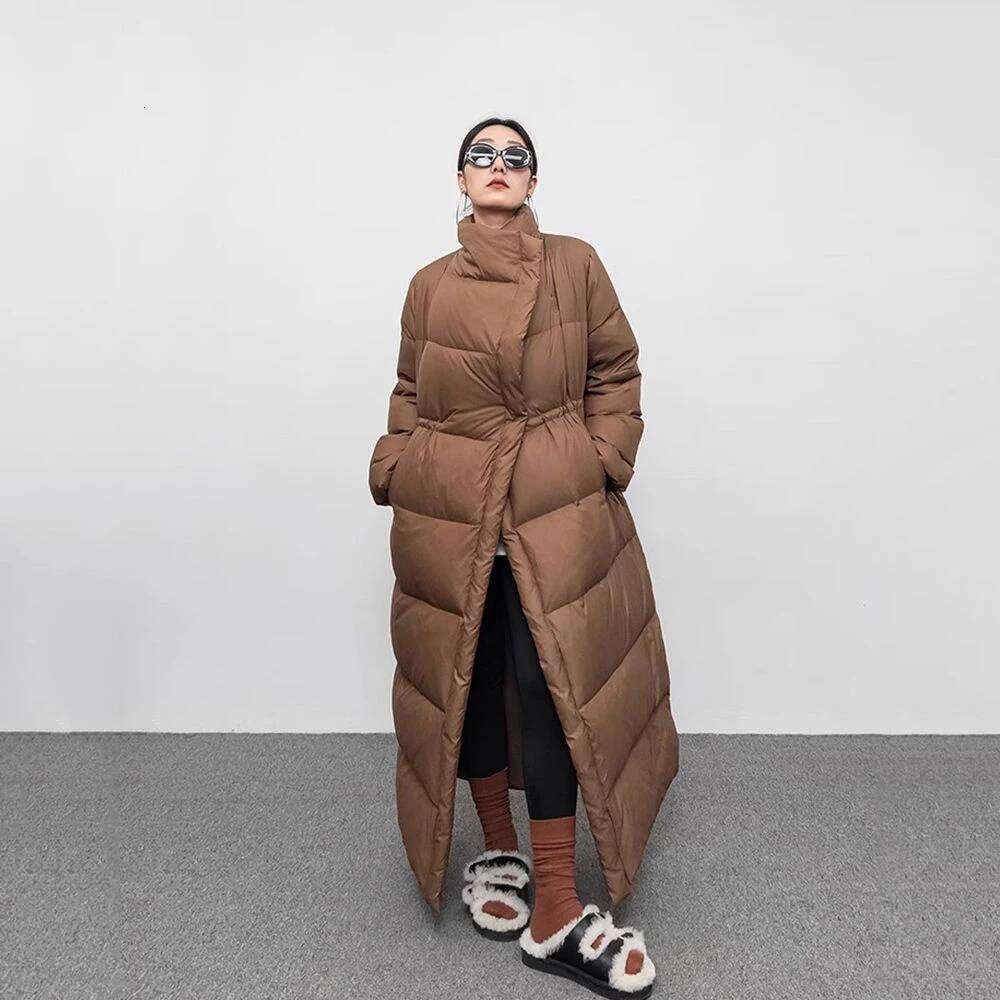 Winter Large Lapel Long Overcoat Women 90 White Duck Loose Knee Length Bread Cotton Quilt Jacket Warm Down Coat MDNG