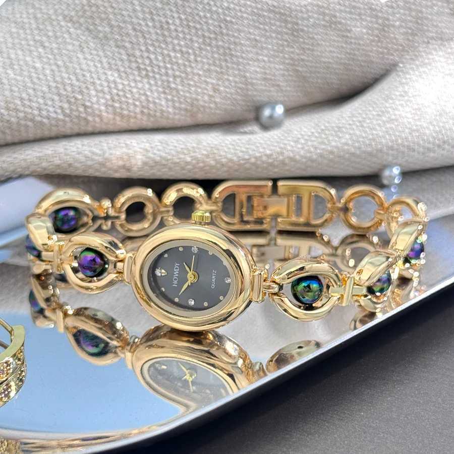 Ladies Silky Texture Oval Alloy Case Set with Movable Fine Bead Bracelet Sun Print Rhinestone Dial Elegant Lady Quartz Watch W250718