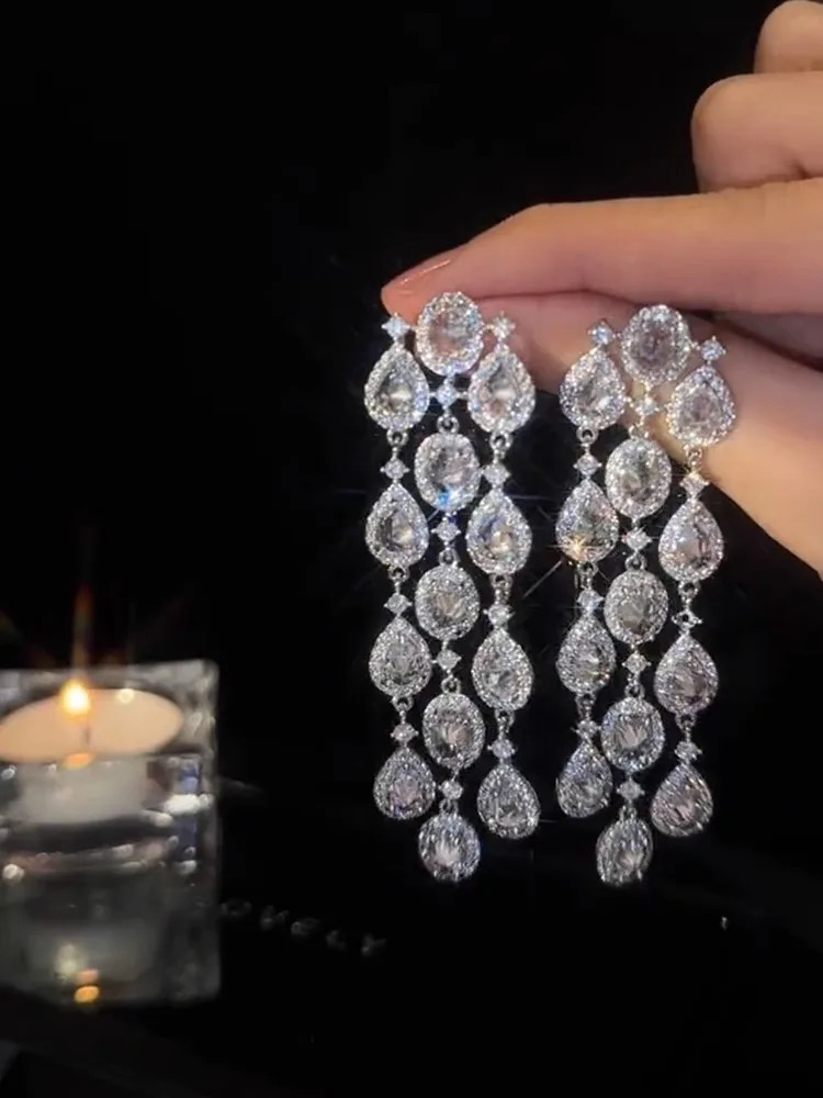 High-end zircon tassel earrings 250716