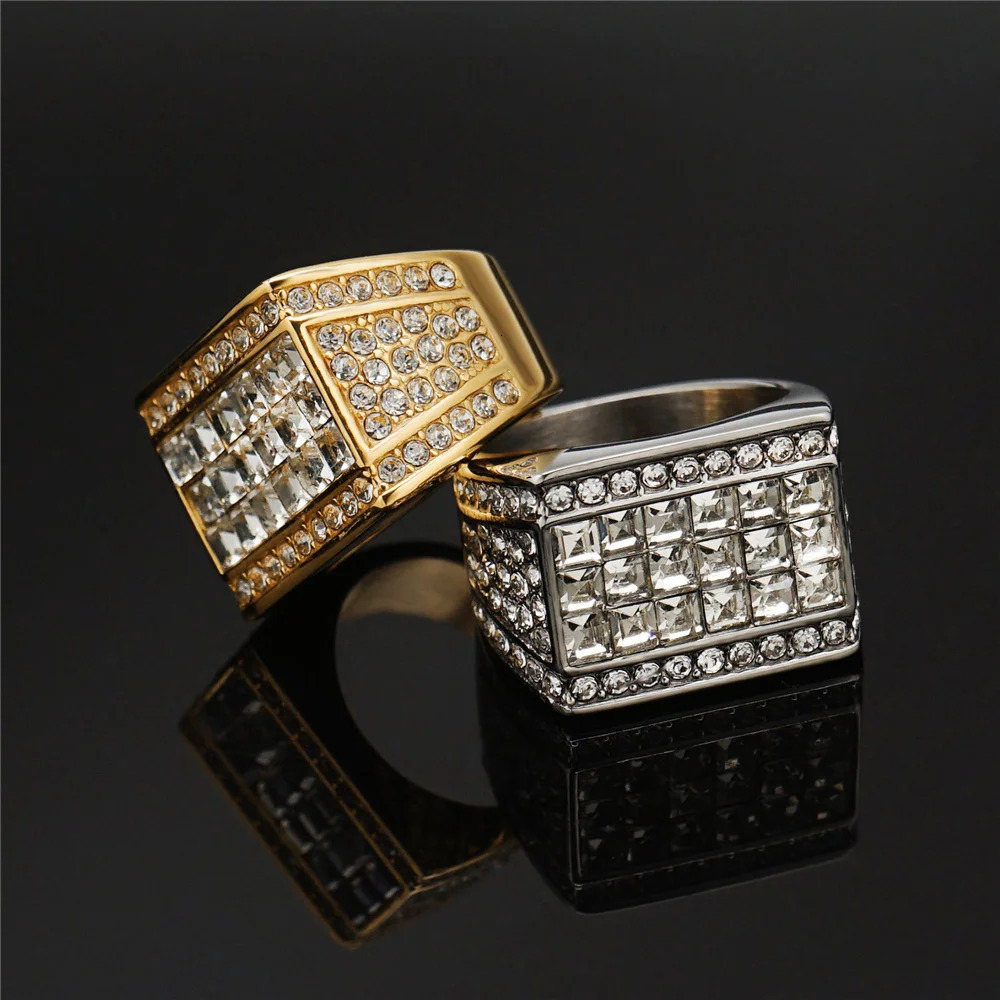iced Out Mens Ring Gold Color Stainless Steel Cubic Zirconia Shiny Big Square Rings For Men Rapper Hip Hop Jewelry Drop 250717