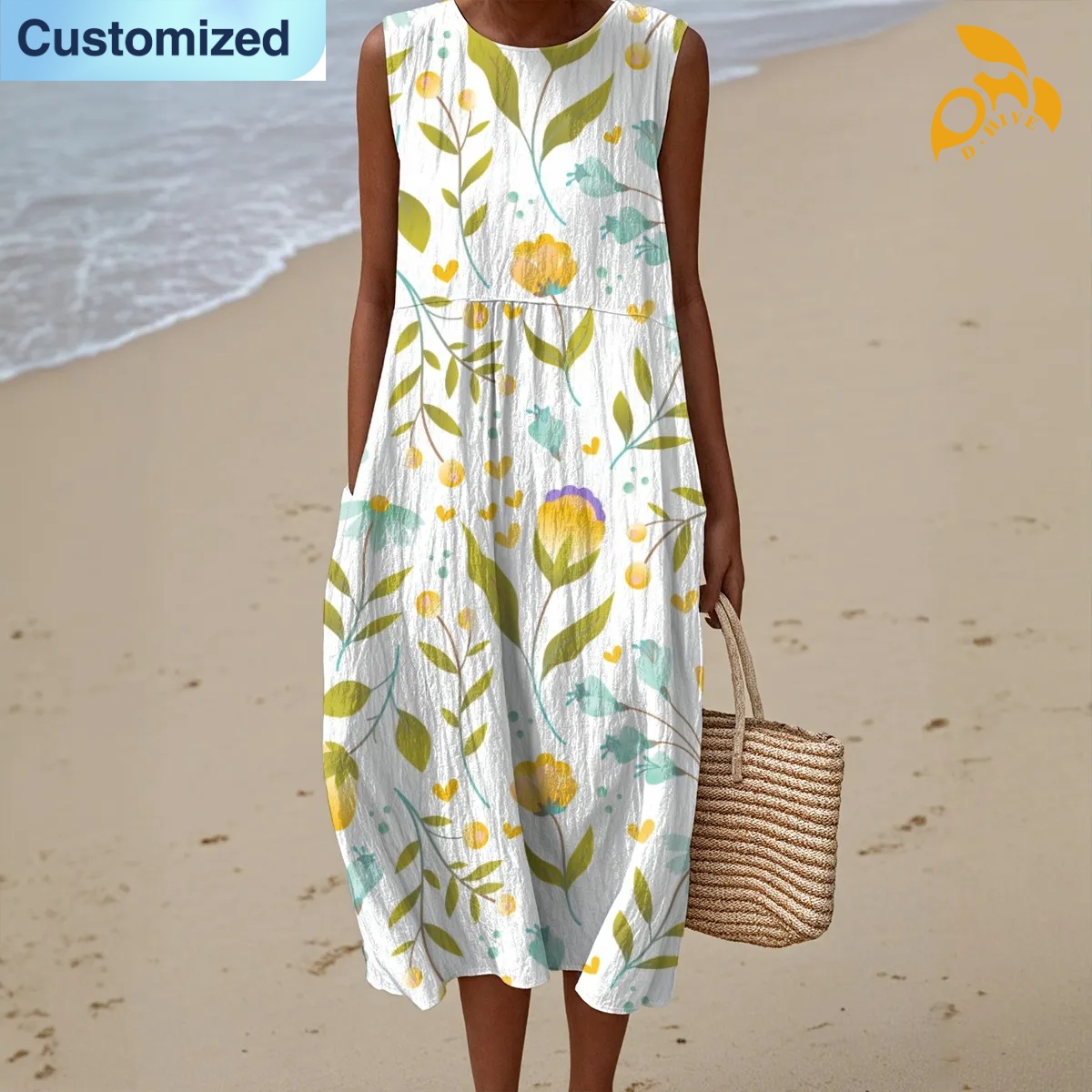 free shipping designer of customized fashionable full-body printed sleeveless women's dress with exquisite patterns from US