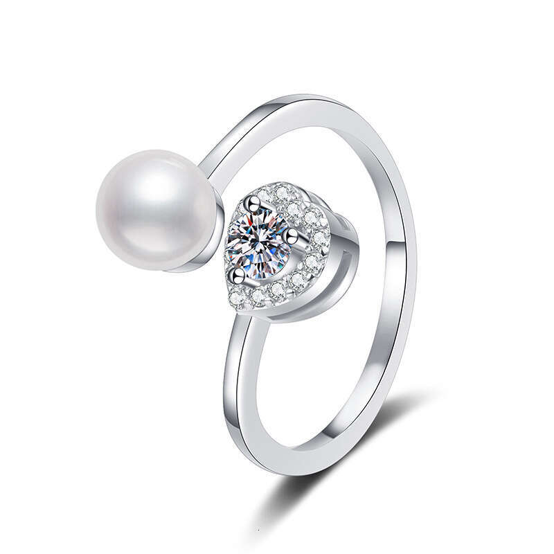 S Sterling Sier Moissanite for Women, Heart-Shaped Natural Freshwater Pearl Adjustable Ring 027