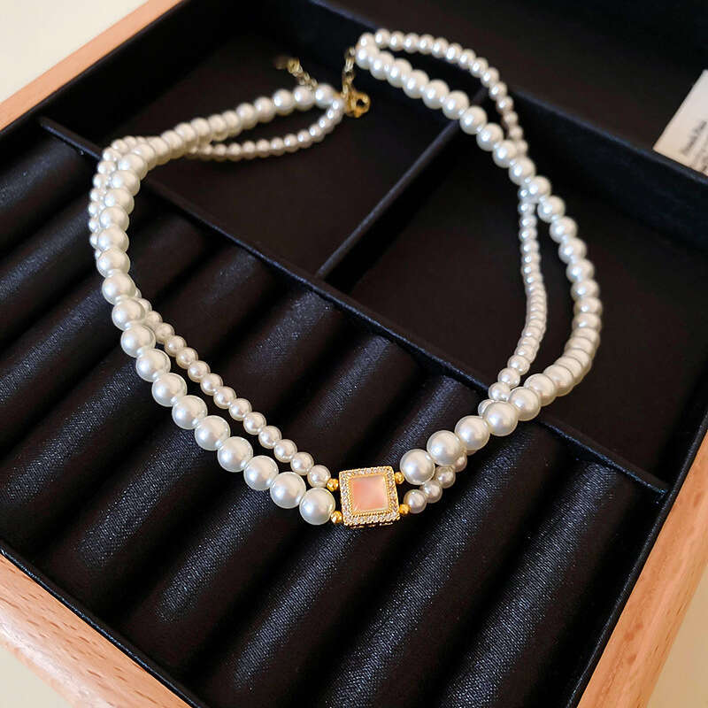 Real Gold Plated Gradient Zircon Pearl Braided Necklace French Style High-end Clavicle Chain Elegant Fashion Choker