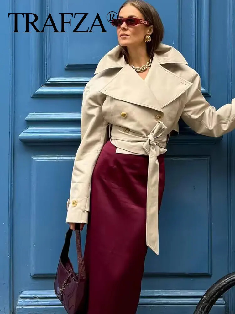 TRAFZA 2025 Spring Retro V-neck Double Breasted Womens Pocket Top Loose Jacket Womens Street Casual Lace-up Short Trench Coat 250716