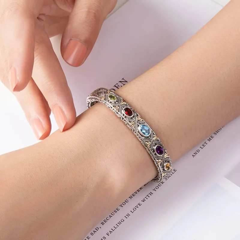 925 Silver Inlaid Colored Gemstone Bracelet Fashionable Wedding Fine Couple Bangles Jewelry Gift for Girlfriend 250715