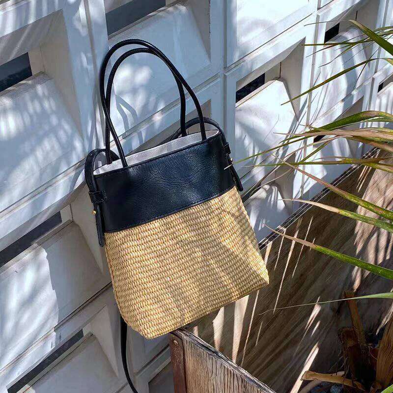 Summer Straw Beach Retro Patchwork Brown Raffia Tote Designer Women Crossbody Bucket Bag Color Blocking Long Shoulderbag