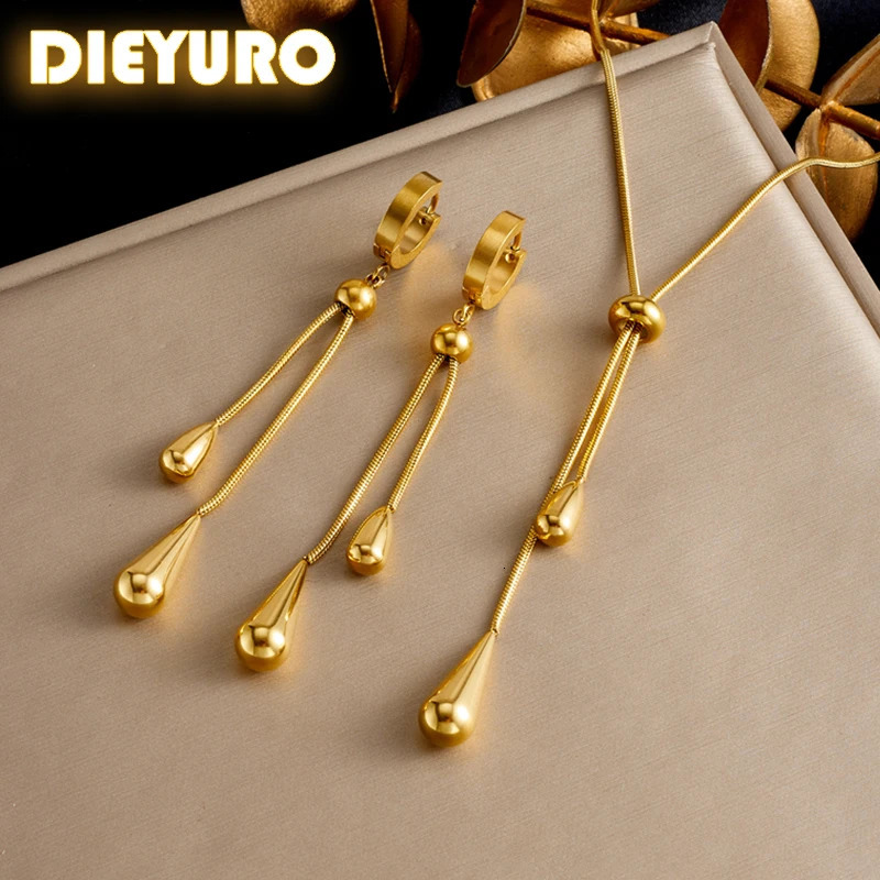 DIEYURO 316L Stainless Steel Adjustable Water Droplet Tassels Necklace Earring Golden Fashion Jewelry Set Party Gifts 250715