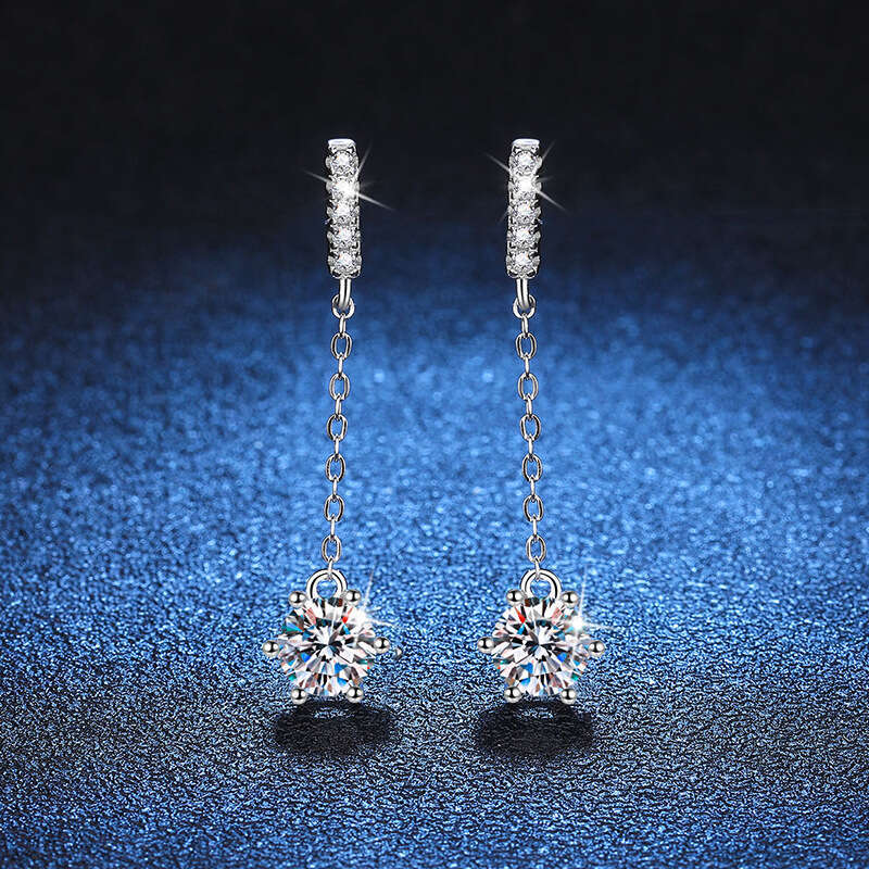 S Pure Sier Korean Style Tassel Six-Prong D Color One Carat Ear Line Moissanite Earrings ef4
