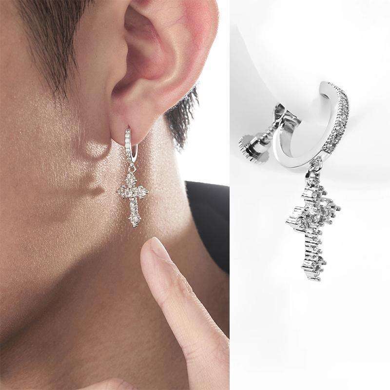 Micro Pave Full Zirconia Rhombus Cross Non-Pierced Ear Clip Men's Studs Women's Drop Earrings Trendy