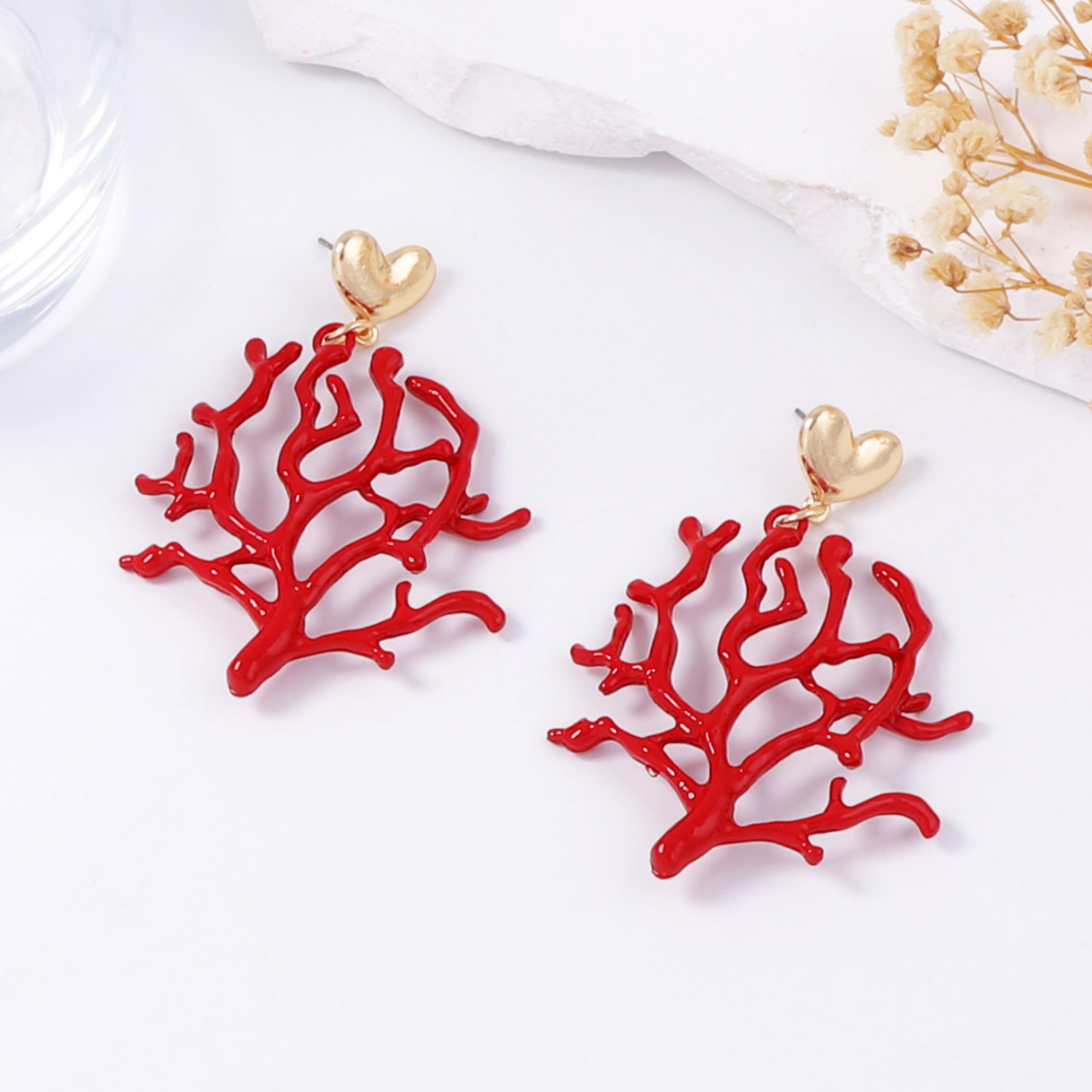 Beach Large Coral Shape Drop Earring Statement Red Resin Ocean Inspired Drop Dangle Jewelry for Women Lady wedding dress boho style