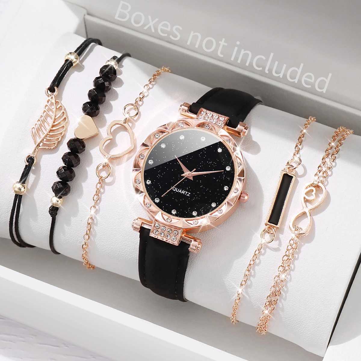 6PCS/Set Womens Fashion Watch Set Simple Dial Leather Quartz Watch With Love Leaf Bracelet W250718