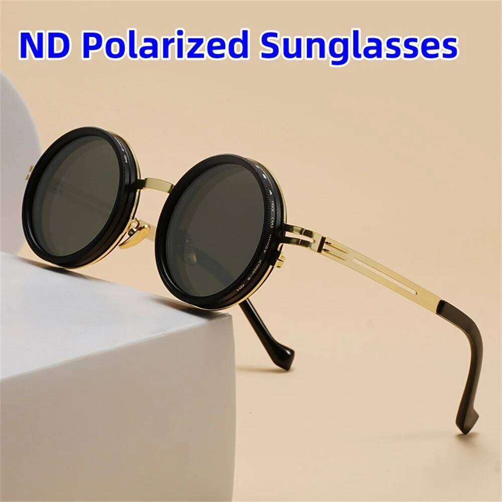 KLASSNUM 9-level Adjustable Dimming Glasses Punk Round Fishing Driving Sunglasses UV-Anti Polarized Men ND Filter Eyewear